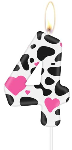 Kuh Geburtstagskerzen, Kuh Print 4th Geburtstagsnummer Kerzen, Rosa Herz Nummer 4 Kerze für Kuchen, Cowgirls Party Dekorationen, Bauernhof Tier Thema für Mädchen Jungen 4th Geburtstag Party Dekora