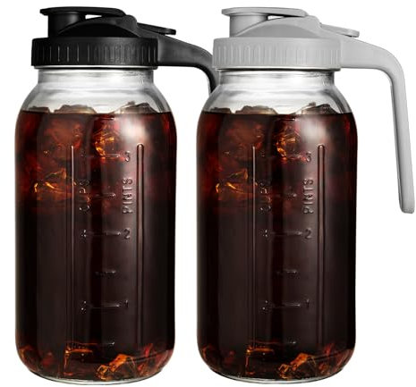 2 Pack 64 oz Glass Pitcher with Lid for Fridge, Half Gallon Pitcher with Lid, Leak Proof, Wide Mouth, 1/2 Gallon Glass Juice Jug for Ice Tea and Coffee (Black+Gray)