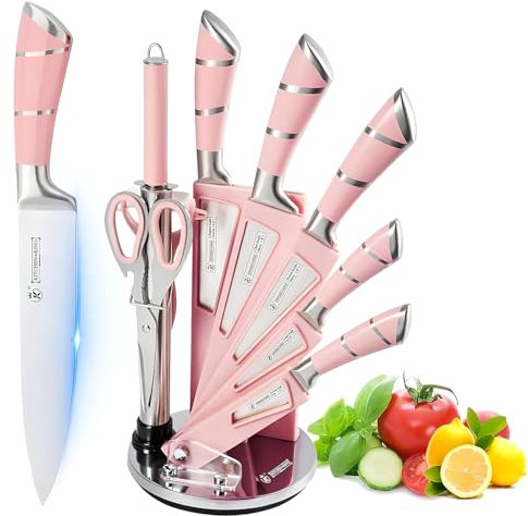9-tlg Messerset mit Drehbare Acryl Messerblock, Profi Knife Set Scharf Edelstahl Küchenmesser Messerset, Ausgestattet mit Einem Messerschärfer, Küchengeschenke für Familien Geeignet (Rosa)