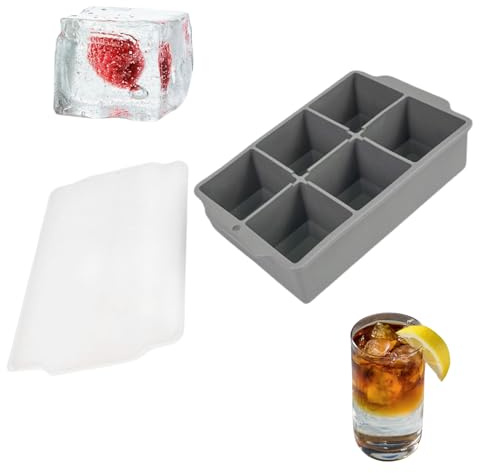 Ice Cube Tray with Lid LBMONKEY Large Flexible Food Grade Silicone Big Deep Reusable Moulds for Soup Baby Food Meals Cocktail Whisky Egg Drinks Baking Freezer (Grey, 6 Square)