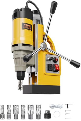 VEVOR Trapano Magnetico, Motore da 1400 W Trapano a Colonna Elettrico Magnetico 12800 N Diametro di Foratura di 50 mm con 6 Punte per Carotaggio, Velocità Variabile, per Superfici Metalliche, Giallo