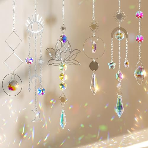 Set med 6 hängande kristall solfångare mönster lotus måne suncatcher sol catcher för hem trädgård jul fester bröllop
