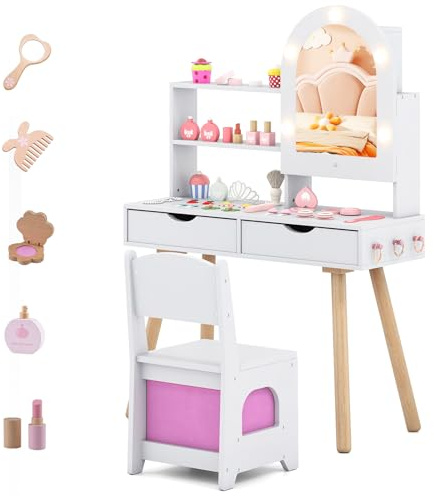 COSTWAY Coiffeuse Enfant Fille avec Chaise et Miroir Lumineux, Bureau Enfant avec 2 Tiroirs & Compartiments & Étagère Ouverte, Table de Maquillage Princesse pour 3 Ans+, Charge 20/70kg (Blanc)