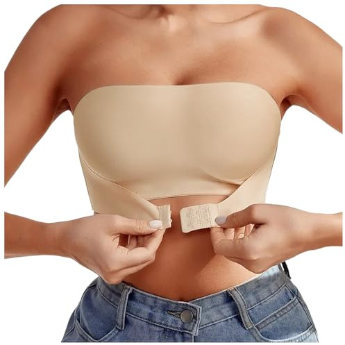 VIYUANH Soutien Gorge Bandeau Femme sans Bretelles, Anti-Dérapant Silicone, Brassière Tube Élastique sans Rembourrage, Boucle Avant Réglable Soutien Gorge sans Bretelles, Soutien-Gorge Dos Nu Confort