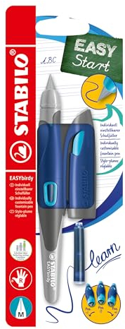 STABILO - Ergonomischer Schulfüller für Rechtshänder mit Standard-Feder M - EASYbirdy in mitternachtsblau/azur - Einzelstift - inkl. Patrone und Einstellwerkzeug - blau (löschbar)