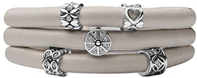 Quiges Damen Leder Wickelarmband Grau Beige 66cm mit Charm Beads Versilbert Edelstahl Magnetverschluss
