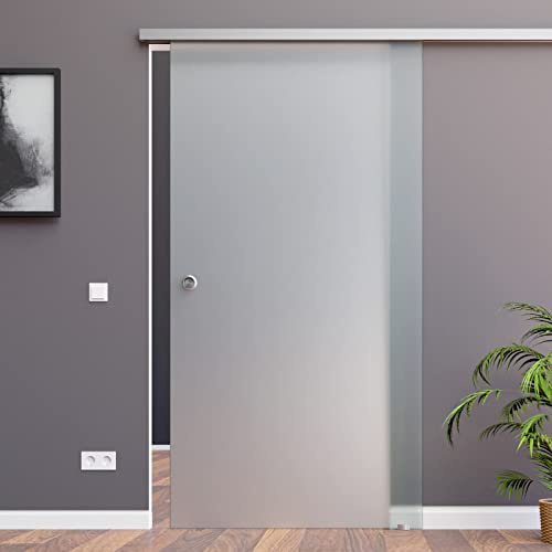 Schiebetürsystem ESG Dekor vollflächig Satiniert S-Alu mit 30mm Wandabstand (900 x 2175 mm, Soft-Stop Slimline Alu-Schinensystem mit Griffmuschel)