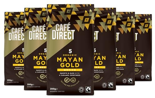 Cafedirect Mayan Gold Organic Ground Coffee – Smooth Dark Roast with Caramel Sweetness, Fairtrade Arabica from Mexico 200g (Pack of 6 - 1.2kg total)