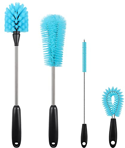Set di spazzole per bottiglie da 4 pezzi - Spazzola per bottiglie con manico lungo in acciaio inox da 38 cm per tazze, bicchieri da vino, spazzole per la pulizia della cucina, blu
