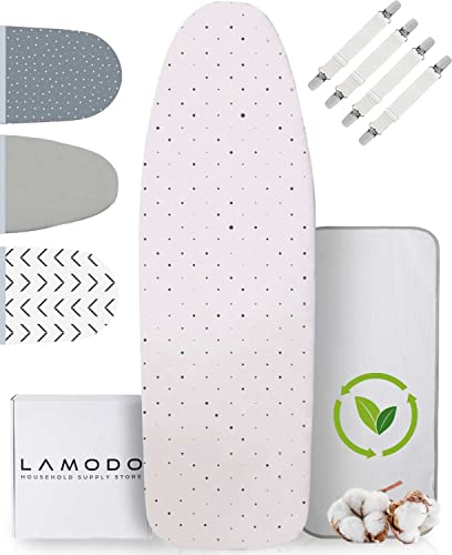 lamodo® - Bügelbrettbezug 140x45 cm - Bügelbezug aus 100% Baumwolle - Dampfbügelgeeignet - Extra Dicke Polsterung + Gummizug und Spanner, 135-140 cm x 40-45 cm