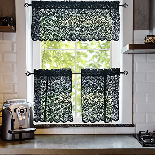 ALIGOGO Black Sheer Kitchen Curtains 24 inch Length Sets with Valance 3pcs Dark Witchy Tier and Valance Curtain Sets Bathroom Bistro Curtains Gothic Halloween Decor 52 x 24