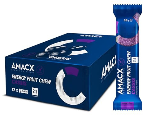 AMACX Energieriegel Fruit Chew 51% Frucht – High Carb Sportriegel 12er Pack – Energy Bar für Ausdauersport, Vegan, gluten & laktosefrei – Energy Riegel mit Kohlenhydratverhältnis 2:1 – Cassis