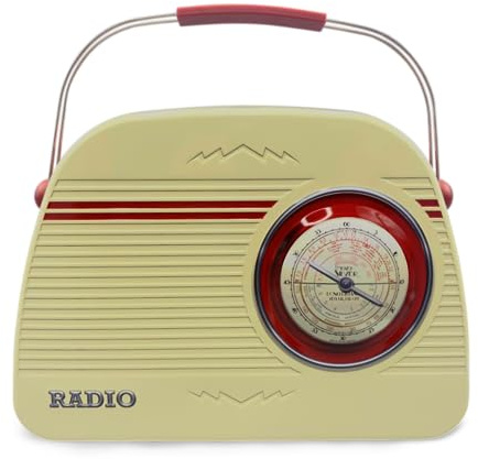 Plåtburk i form av en radio i retrodekoration, rund beige kakburk dekorativ låda, volym: 3 l, mått: 32 x 22 x 7 cm