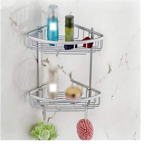 CekoCk Duschaufbewahrung, Eckregale, Eck-Duschwand-Caddy, Duschablagen, Aluminium-Haken, Duschaufbewahrung, 2-lagiges Bad-Eckregal, wandmontierte Korbregale, Badezimmer-Zubehör