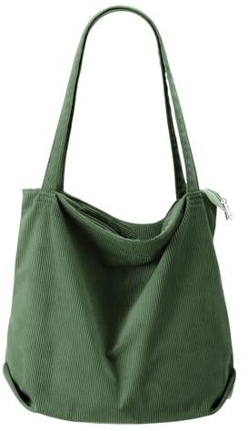 VOSSOT Cord Tasche Damen Umhängetasche mit Reißverschluss Shopper Damen Große Tote Bag Crossbody Schultertasche Handtasche für Arbeit Büro Reise Einkauf Schule und Alltag Dunkelgrün