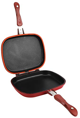 OKJHFD Double Side Grilled Pan, Non Stick Aluminium Red Double Grill Pan Panini Maker Fry Pan for Barbecue, Chicken and Fish