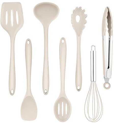 Homikit Küchenhelfer Set, 7 Stück Khaki Silikon Küchenutensilien Set | Antihaft Kochbesteck, Hitzebeständiger Kochutensilien mit Pfannenwender zum Kochen, Backen, Gesund, Spülmaschinenfest