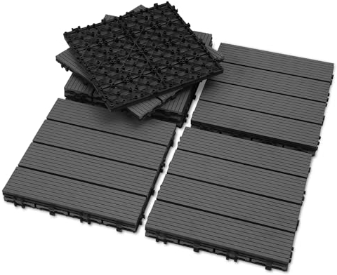 Fiqops 11 Stück WPC Terrassenfliesen, 30x30 cm Balkon Bodenfliese,Gartenfliesen mit Klick-System,Terrassendielen Balkonfliesen Klickfliesen,Terrassendielen Wasserfest für Terrasse,für 1m² Anthrazit