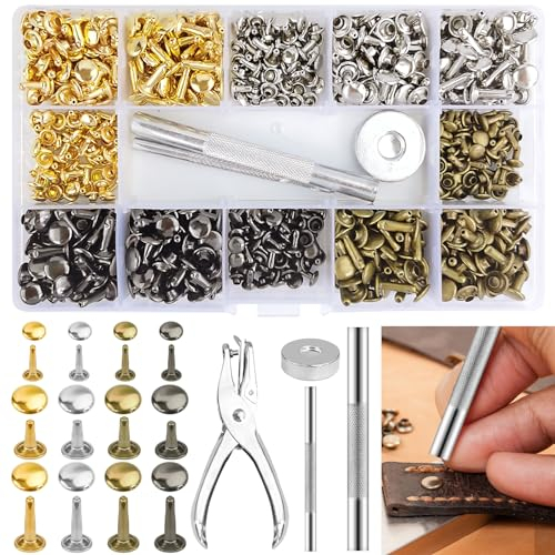 Omsscun 360 Pcs Leather Rivets, 3 Sizes Double Cap Rivet with Leather Hole Punch Pliers and Fixing Tool Kit, 4 Colors, for DIY, Craft Repairs, Decoration