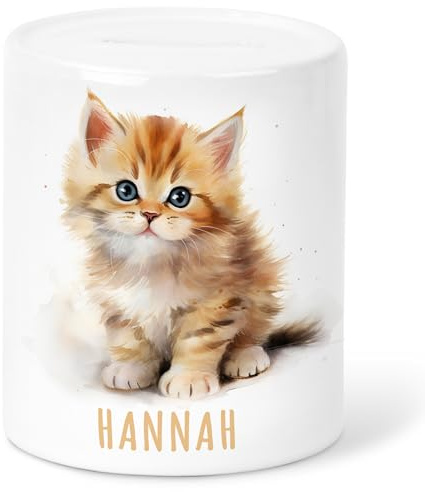 Katze Spardose Kinder personalisiert mit Namen Geldgeschenk zum Geburtstag für Jungen & Mädchen Geschenk Sparschwein aus Keramik