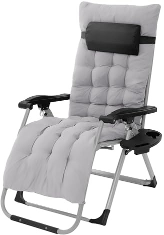 Hauki Sonnenliege klappbar Grau, Liegestuhl mit ergonomischem Polster, verstellbarem Nackenkissen, Getränkehalter, Extra groß Gartenliege wetterfest, Outdoor Relaxliege, Gartenstuhl mit Rückenlehne