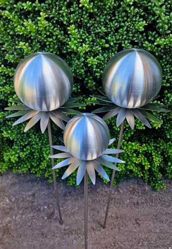 Jürgen Bocker Garten-Ambiente Blütenzauber Milano 3er Set Rosenkugel 15/15/10 cm Edelstahl Gartenstecker Deko mit Stab 80 cm (Silber matt)