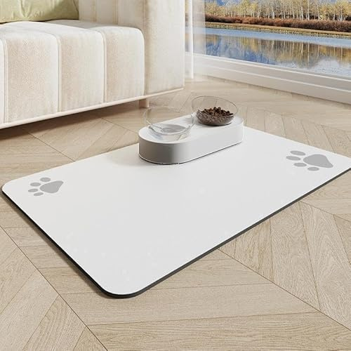 Xisnuient Napfunterlage Hund rutschfeste Haustier Teppich Futtermatte Katzen wasserdichte Unterlage Katzennapf Unterlage Hundenapf Saugfähig Futtermatte Für Haustiere Katzen Und Hunden (60x90cm,Weiß)