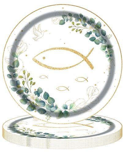 MAGLAUG Vaisselle de fête en forme de poisson eucalyptus - Assiettes jetables en carton - Décoration de table pour communion, confirmation, baptême, fille et garçon (24, N 7)