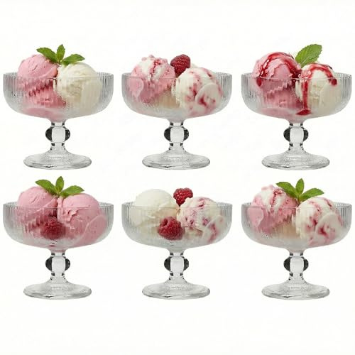 Dibor Vintage Style Dessert Bowls Footed Ice Cream Sundae Glasses (6) | Hand Wash, Alfresco Dining, Afternoon Tea, Dessert Bowls, Bevelled Finish Glassware