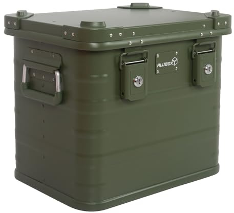 Alubox Alukiste abschließbar E31G OLIVGRÜN - Premium Lagerbox 31 Liter - Materialstärke 1mm - Deckel mit Aluminium Druckguss Stapelecken und Gummidichtung - inklusive Schlösser - lackiert