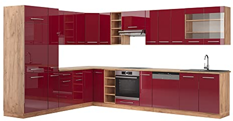 Vicco Eckküche Fame-Line, Bordeaux Hochglanz/Goldkraft Eiche, 257 x 60 cm, AP Marmor