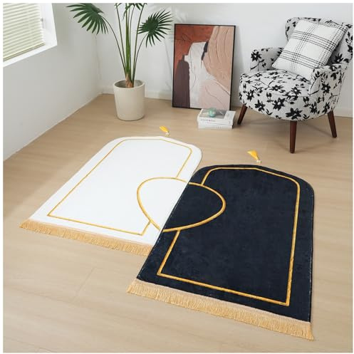 Tjock och mjuk muslimsk bönematta, kashmirimitation, för kvinnor och män, Ramadan Eid-present (svart vit, 80 x 140 cm)