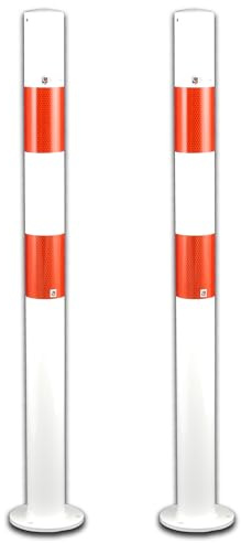 UvV Stahl 2 Stück Sperrpfostenset Pulverbeschichtet weiß, rot - Rund Ø60,3 mm mit Fußplatte zum Anschrauben (80 cm)
