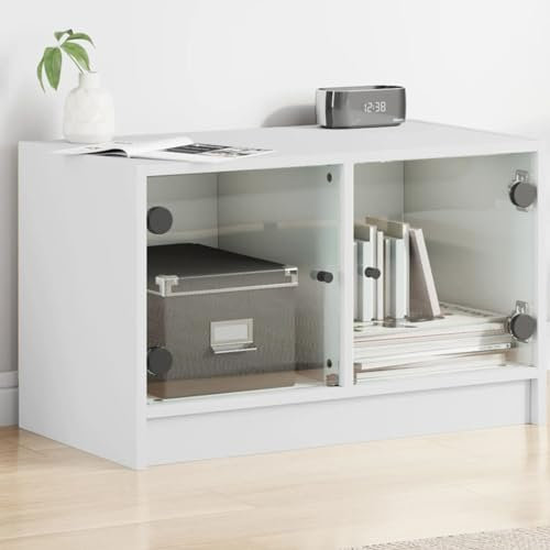 Homgoday TV-Schrank mit Türen aus weißem Glas, 68 x 37 x 42 cm, TV-Tisch, Wohnzimmer-Tisch, niedriger Schrank für industrielle Fernseher, TV-Ständer