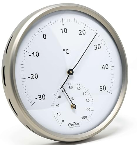 Fischer 186TH-01, Thermo-Hygrometer, Edelstahl silber, Made in Germany | Bimetall-Thermometer und Hygrometer, Messbereich 0-100 % r. F., Genauigkeit ± 5 % r. F., 160mm Durchmesser
