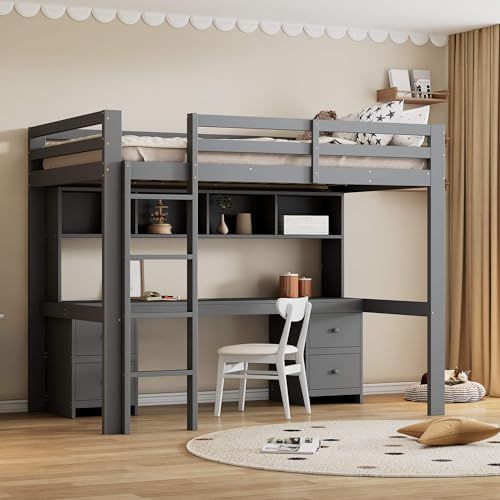 MQGPM Hochbett 90x200 cm mit Schreibtisch und Schubladen, Einzelbett Holzbett mit Stauraum und Rausfallschutz, Bettgestell mit Lattenrost, Bett für Kinder und Jugendliche, Grau