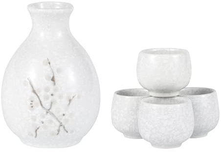 Hinomaru Collection Japanisches Sake-Set, Plum Blossom Ume Design, Tokkuri, 266 ml Flasche mit vier Sake-Ochoko-Tassen, 44,4 ml, heiße und kalte Sake, Servierkaraffe, Trinkgeschirr (weißer Schnee)