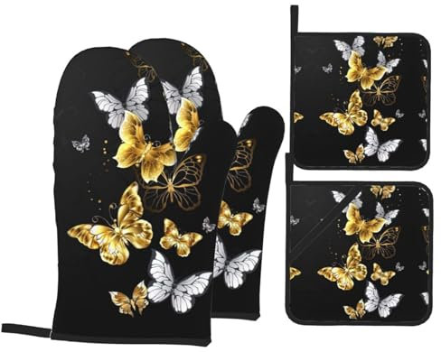 Set di 4 guanti da forno natalizi con farfalle bianche e dorate, con presine, resistenti al calore, regalo per la famiglia