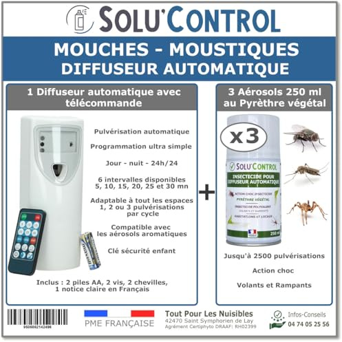 Kit Diffuseur Automatique avec Télécommande + 3 Aérosols Insecticide au Pyrèthre Végétal 250 ml - Anti-Mouches & Anti-Moustiques - Action Choc pour Volants et Rampants