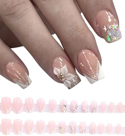 IPNSDON 24 pièces ongles French Press Court carré paillettes autocollants ongles artificiels pour les fêtes de maison et de fin d'année