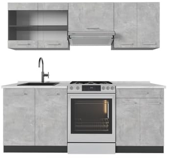 Vicco Küchenzeile R-Line, Beton/Anthrazit, 200 cm | 5 Module · Höhenverstellbare Füße · AP Marmor inkl. · Robuste Fronten · Mit Glasschrank · Frei kombinierbar