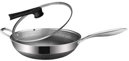 Wok anti-adhésif en acier inoxydable avec couvercle – Revêtement écailles de poisson pour plaques de cuisson à induction, céramique et gaz – Poêle de 32 cm pour une cuisson polyvalente