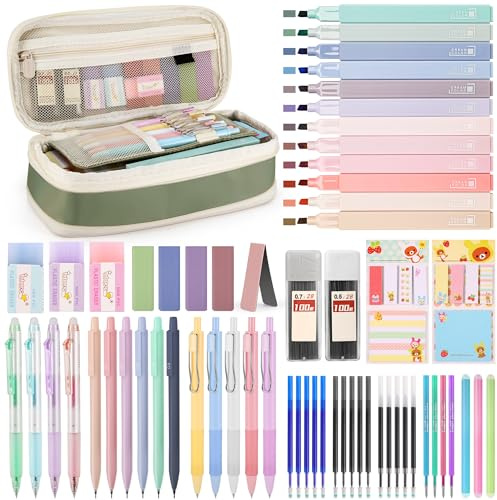 DazSpirit 62 Pezzi Set Cancelleria Estetico con Astuccio Pieghevole, 12 Evidenziatori Pastello, 4 Penne Cancellabili, 5 Penne Gel, 6 Portamine, Forniture Scolastiche per Ragazze e Adolescenti (Verde)