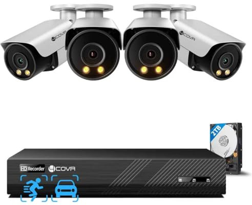 4COVR 12MP CCTV Camera Systems PoE, 8CH Ultra HD NVR 2TB HDD, ELY37YXAM0804 | 4×12MP Security IP Camera IP67 Outdoor Business, 2-Way Audio Talk & Smart Color Night Vision, Human Vehicle Detection