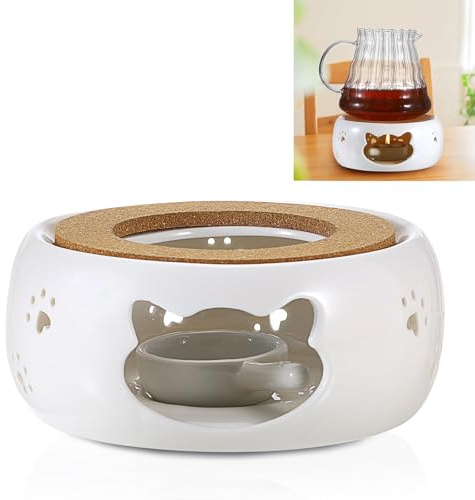 OLegei Teewärmer aus Keramik mit Korkkissen, Teewärmer mit Kerzenhalter, Stövchen zum Erhitzen von Kaffee, Milch, Tee (Weiß, Katze)