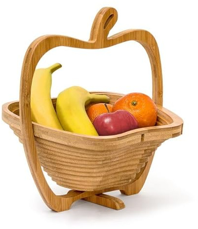 Copper Top Apple-Shaped Fruit Bowl, Foldable Wooden Basket, Natural Brown, Folding Bamboo Holder Basket Wooden Fruit Bowl with Apple-Design