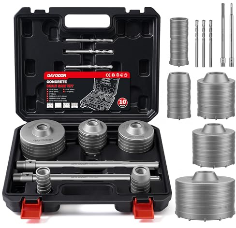 DAYDOOR Concrete Hole Saw Kit, 10-Piece Masonry Hole Saw Kit SDS Plus & SDS Max Shank Adapter, 1-3/16, 1-9/16, 2-9/16, 3-1/8, 4 Core Drill Bits Set for Brick, Cement Wall, and Stone
