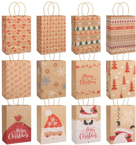 GWHOLE Sac Cadeau Noel Emballage Cadeau Noel Pochette Cadeau en Papier Kraft avec Poignée pour Cadeaux Nourriture Rangement Rouge Blanc Brun Vert