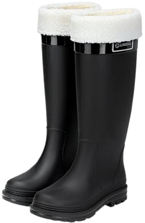 Galosce Donna,Stivali Pioggia Donna Alti di Gomma con Fodera Calda Stivaletti Antiscivolo Tacco Basso Boots Impermeabili Galosce Taglie Forti ​​Tinta Unita Outdoor per Escursionismo e Giardino Nere 3