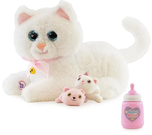 The Magic Toy Shop Interactive Cat Toy with Kittens & Milk Bottle - White Plush Toy Cat, Singing & Talking Sounds, Voice Recorder, Empathy-Boosting Play - Interactive Pets for Kids & Family Fun